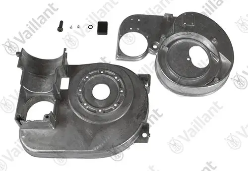 Metallisches Gehäuse von Vaillant in zwei Teilen, bestehend aus einer flachen und einer kuppelförmigen Komponente, sowie mehreren Befestigungselementen.